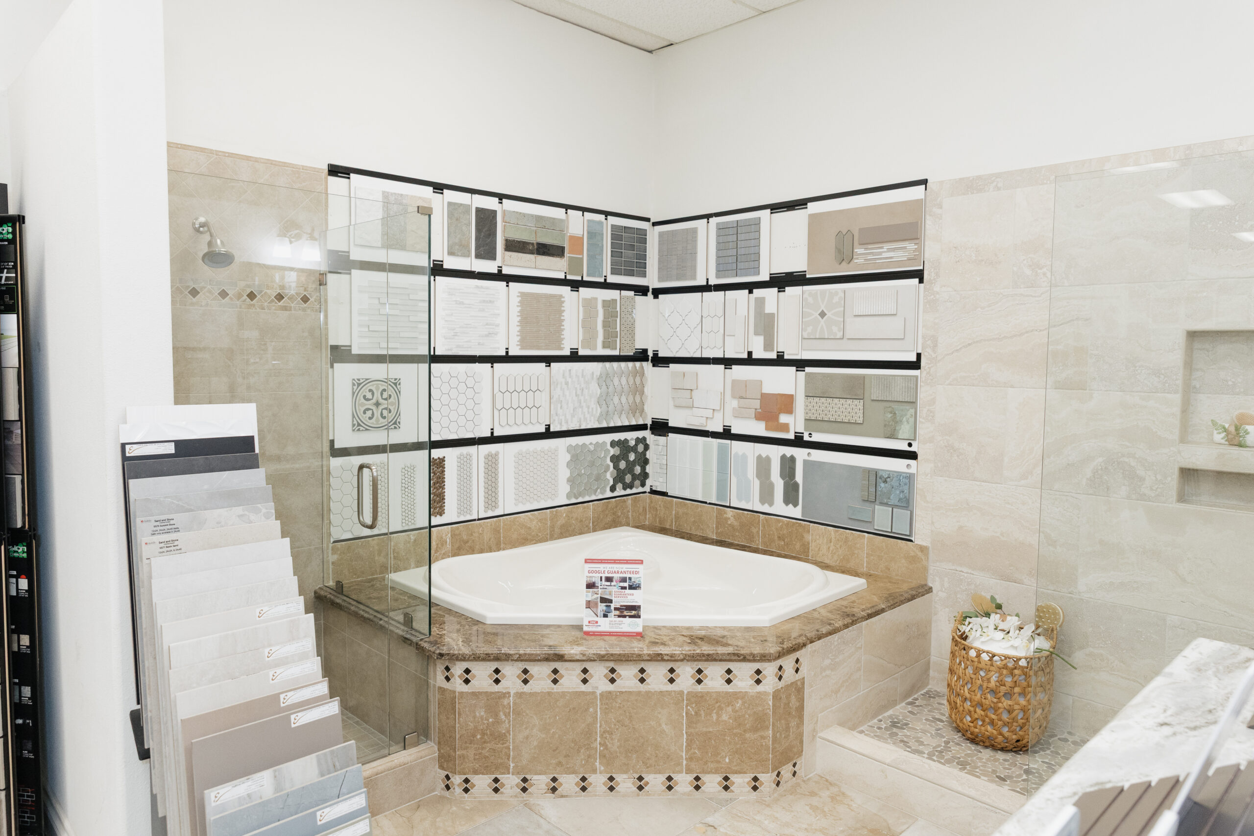 Luxury bathroom featuring large format porcelain tiles with natural stone veining and minimal grout lines